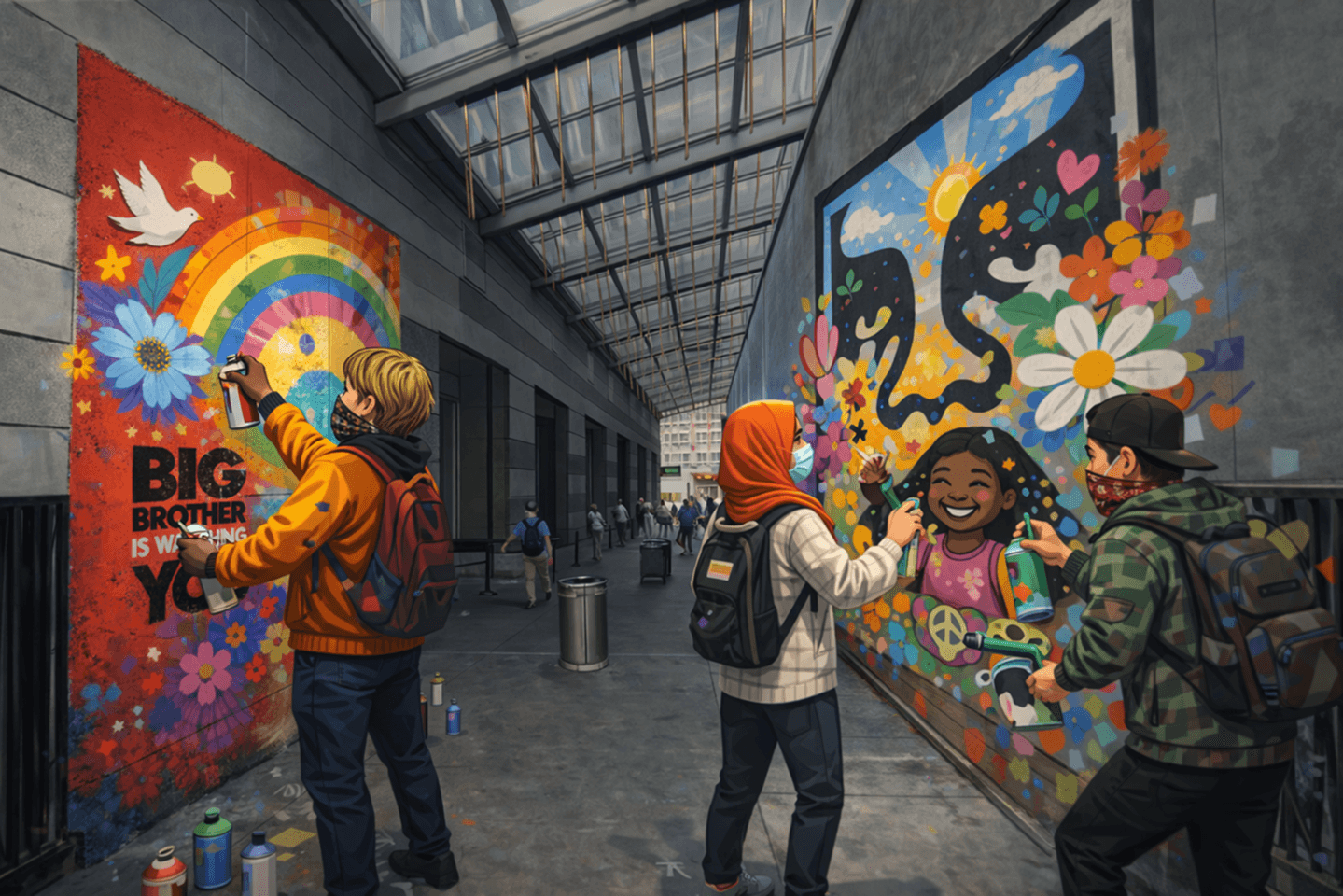 People painting murals in an urban alley