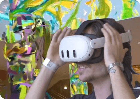 Person wearing VR headset experiencing AR